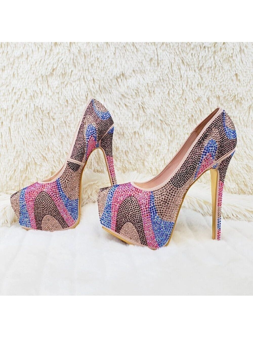 Nude Multi Rhinestone High Heel Platform Pumps